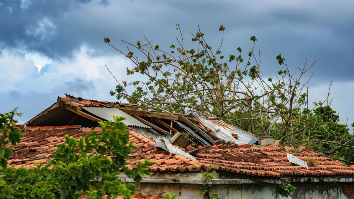 Deteriorating red-tile roof with holes and broken beams, partly covered by overgrown branches under a cloudy sky