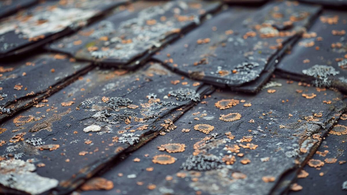 Close-up of weathered slate roof tiles with orange lichen and damp, dark surfaces