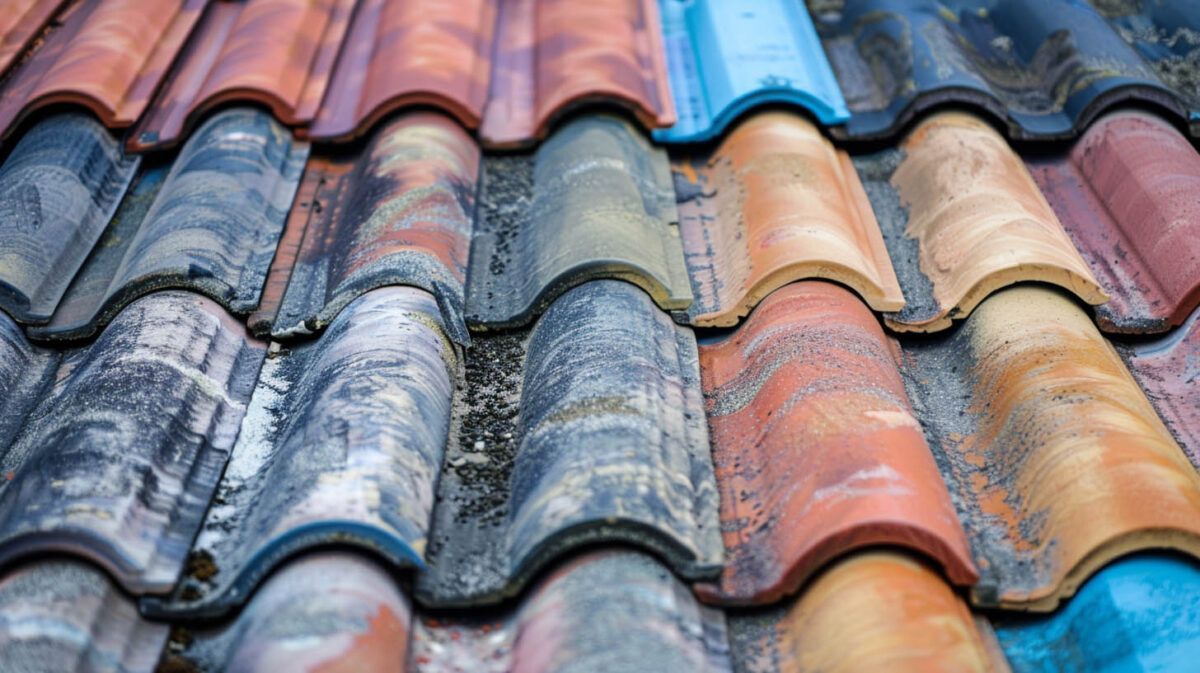 Weathered terracotta roof tiles in orange, blue, and gray, arranged in overlapping rows.