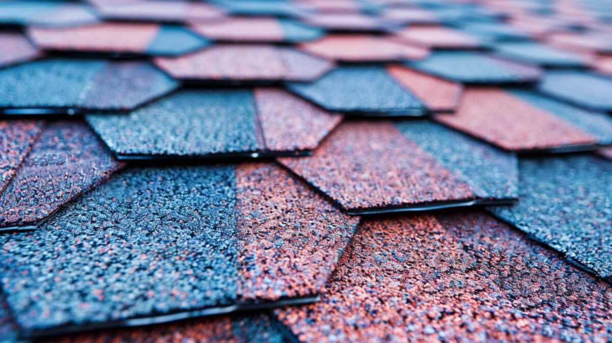 Close-up of overlapping weathered roof shingles in blue, gray, and reddish tones
