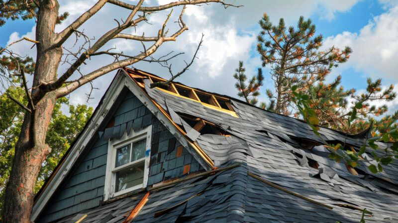 Damaged shingled house roof with missing tiles and a tree beside it under a blue sky