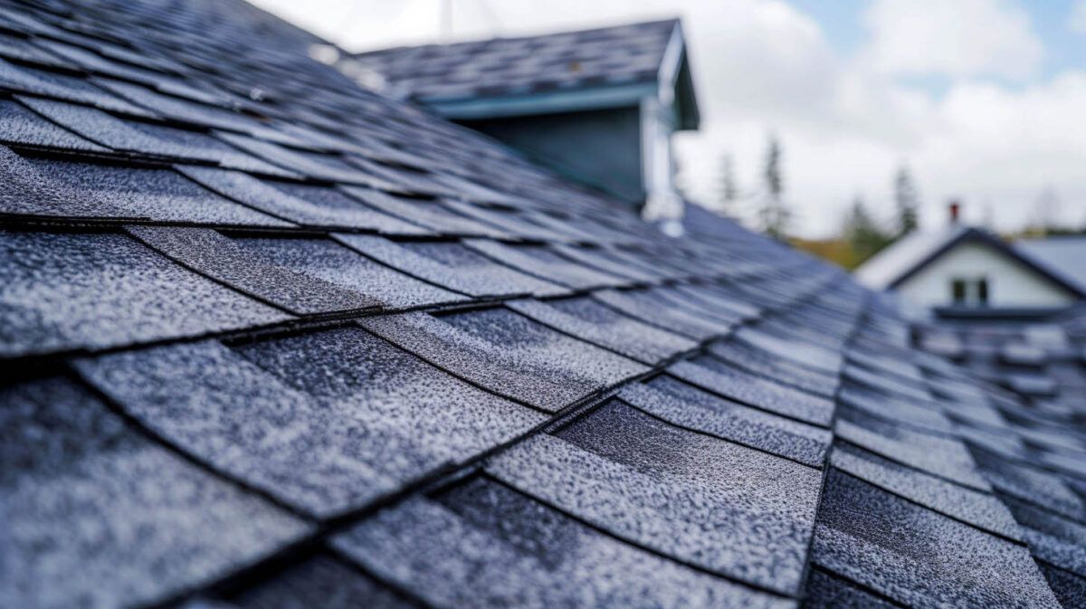 Close-up of dark gray asphalt roof shingles on a house against a blurred cloudy sky and rooftops