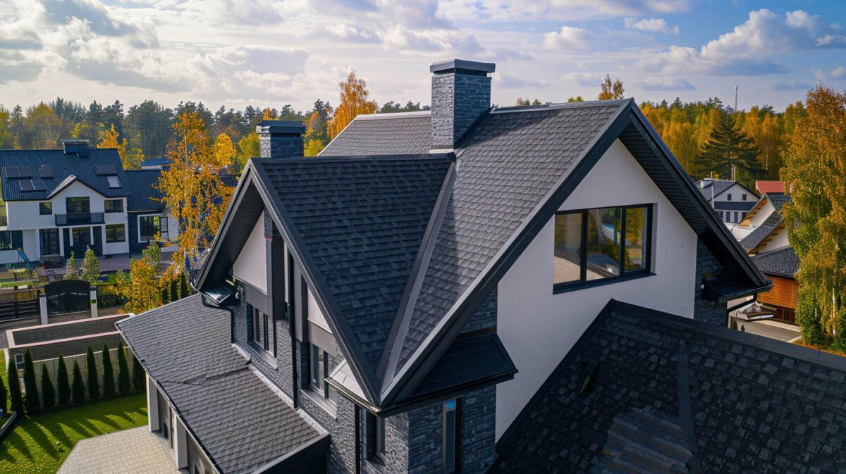 Modern house with dark roof and dormer windows in a suburban neighborhood under a partly cloudy sky