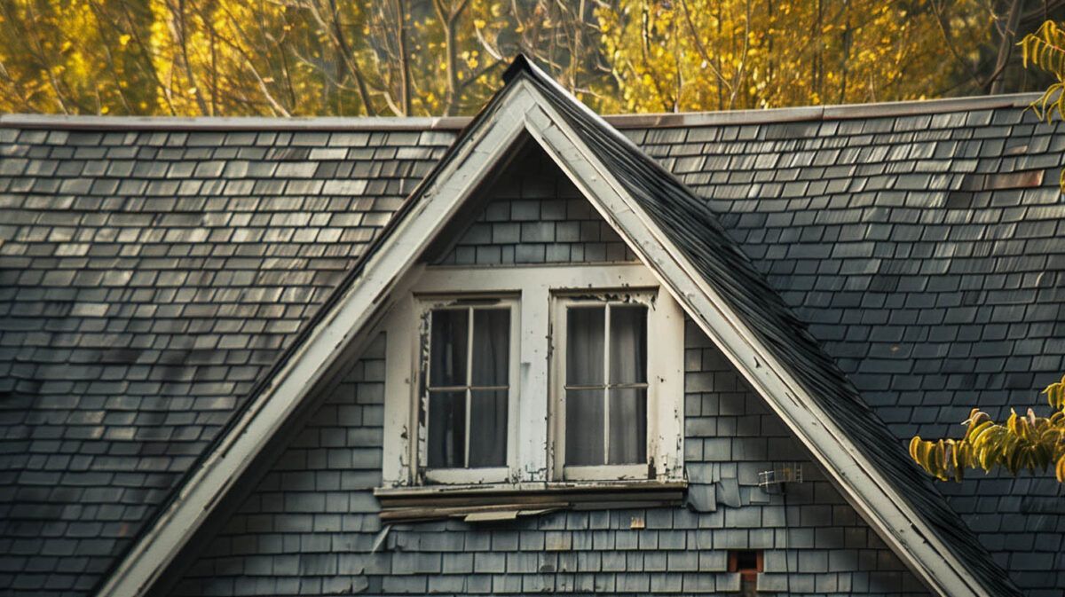 Gray shingled house roof with a small dormer window, framed by autumn trees