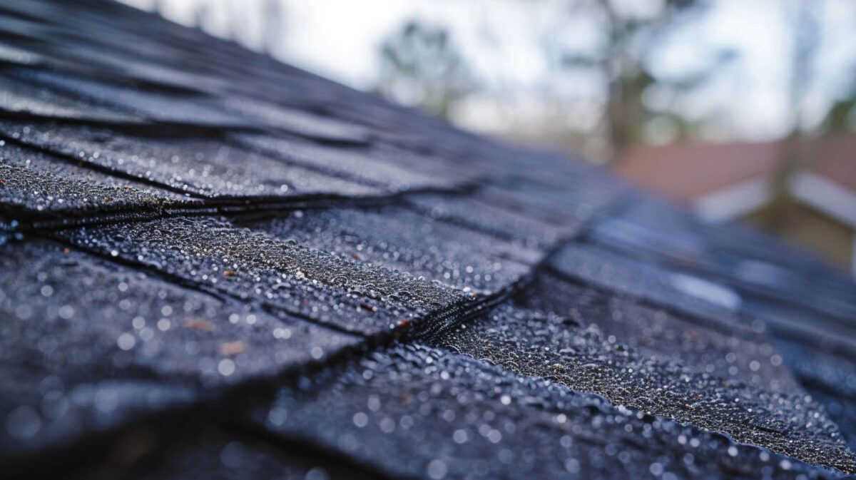 Close-up of wet dark roof shingles with water droplets after rain