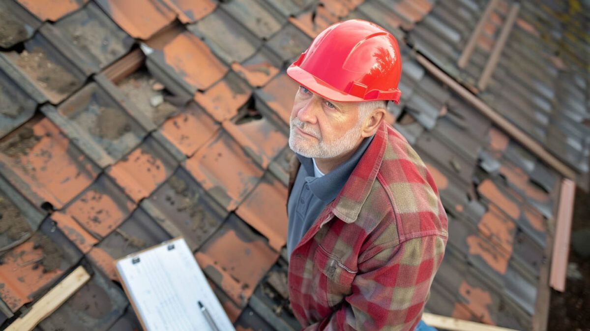 Worker in a red hard hat standing on a tiled roof, looking upward while carrying a tool.