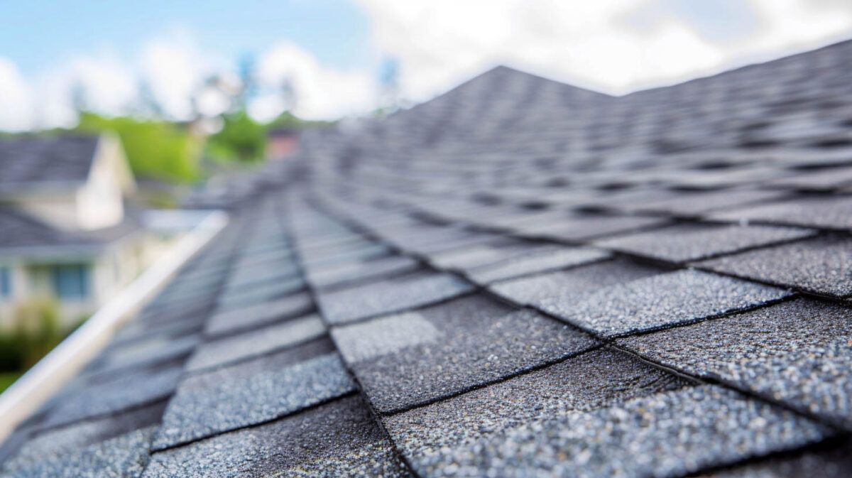 Close-up of gray asphalt roof shingles with a blurred suburban house in the background