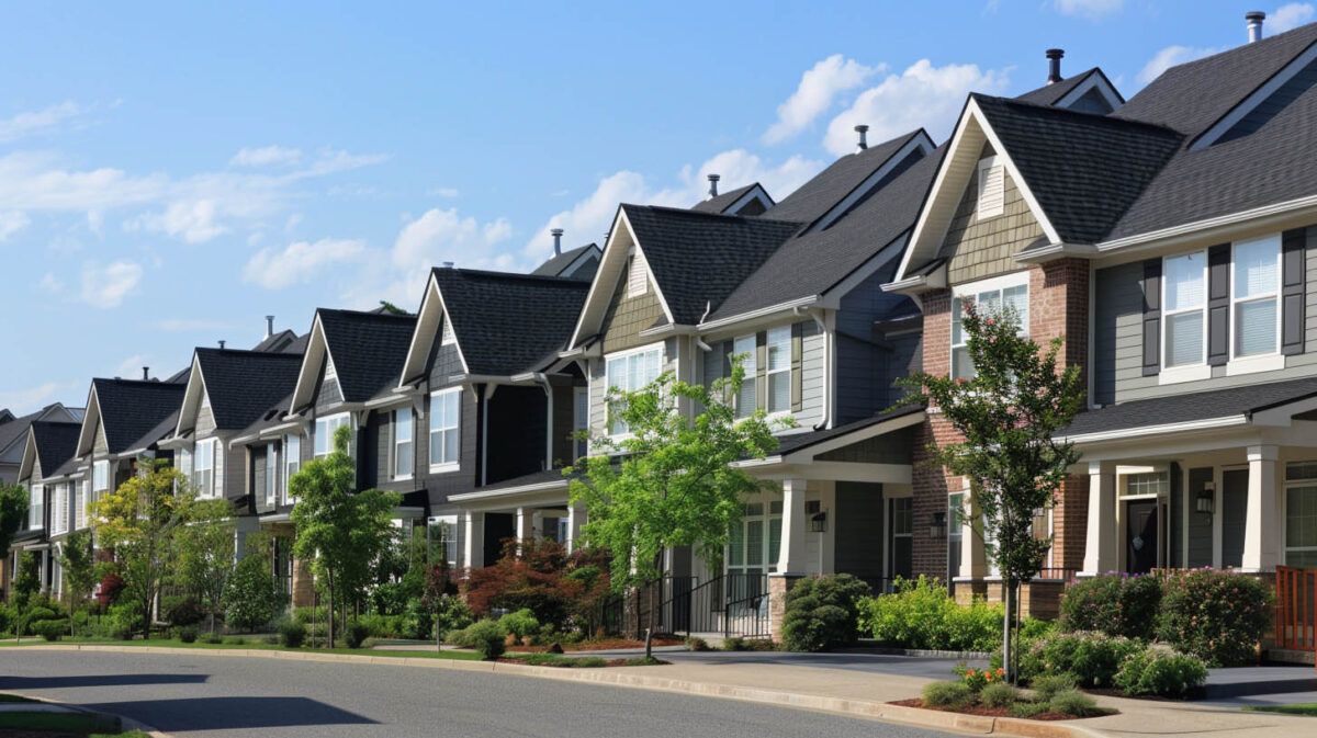Row of modern suburban houses with porches, trees, and a quiet street under a blue sky