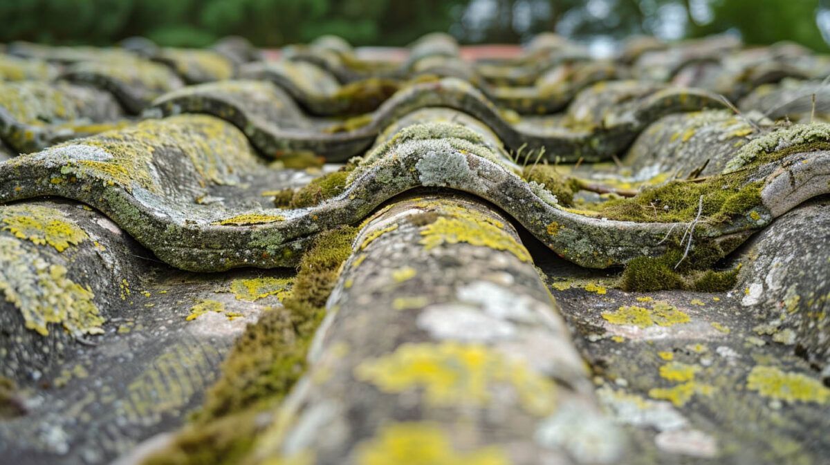 Close-up of weathered gray roof tiles with yellow-green moss growing between the ridges.