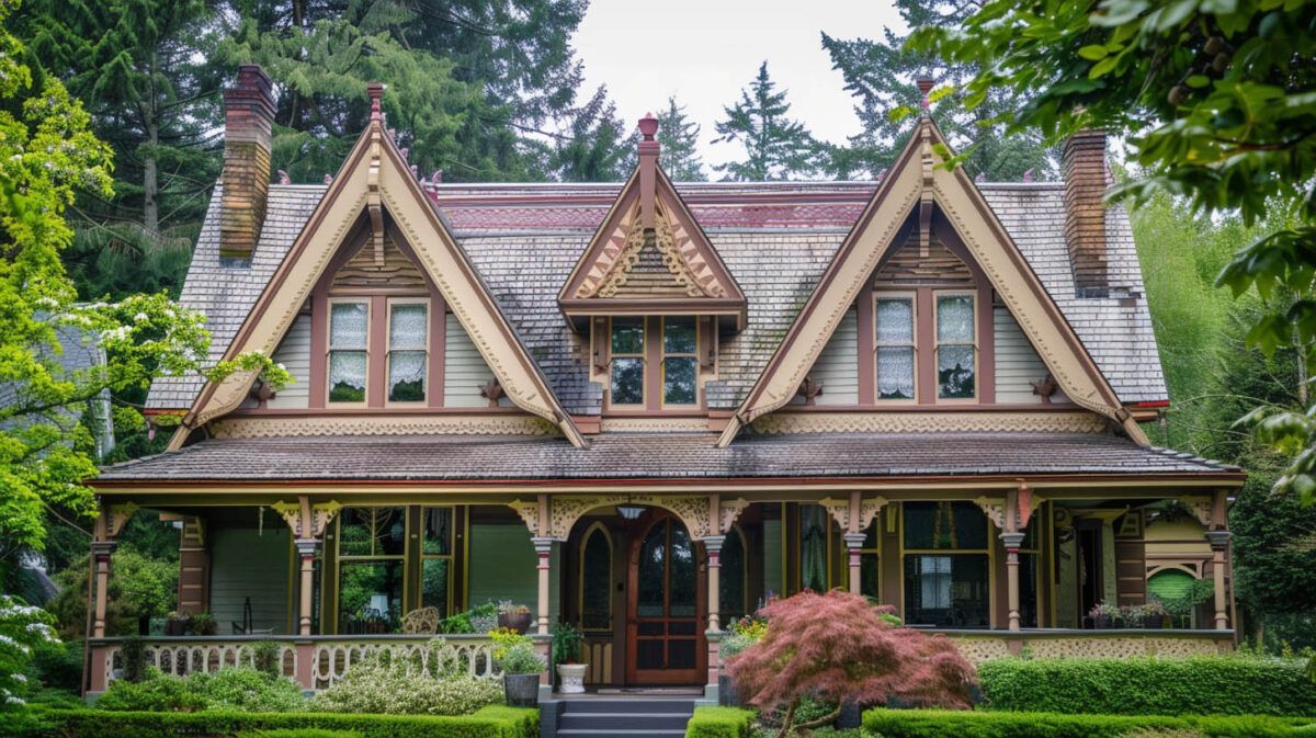 Victorian-style house with steep gables, a covered porch, and lush green landscaping