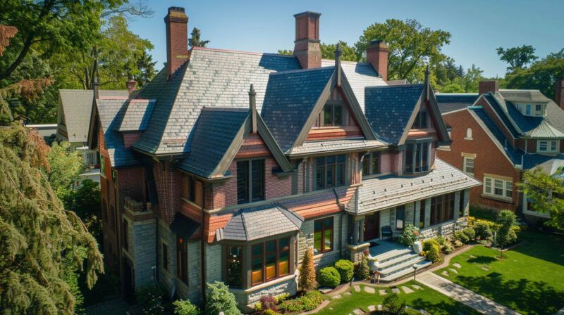 Large brick and slate Victorian house with chimneys, surrounded by trees and a front garden.