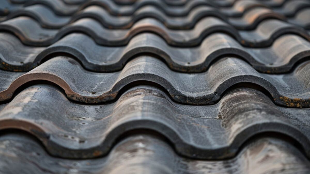 Close-up of weathered gray and brown wavy roof tiles