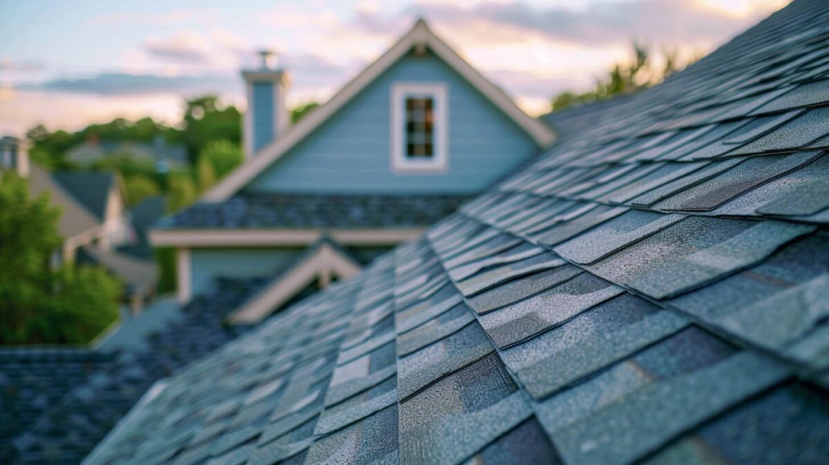Blue shingled roof in foreground with a house and trees in the background at sunset