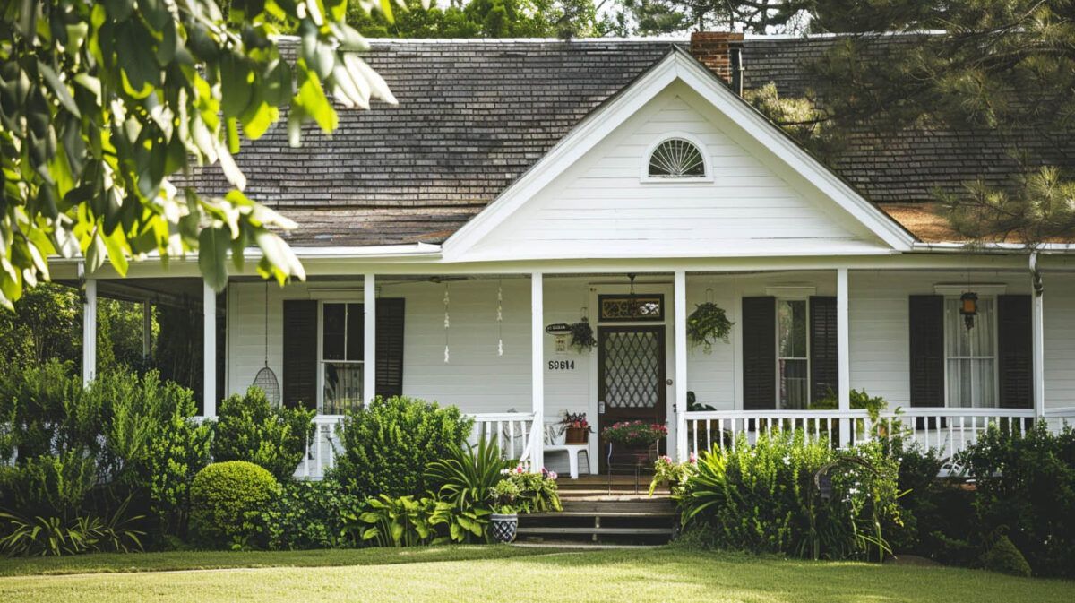White house with a front porch, dark shutters, and a manicured green lawn under leafy trees