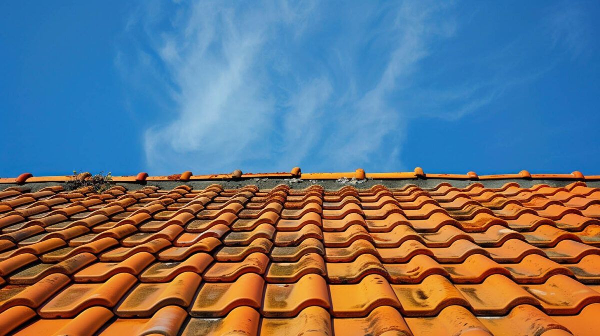 Orange tiled roof against a bright blue sky with wispy clouds
