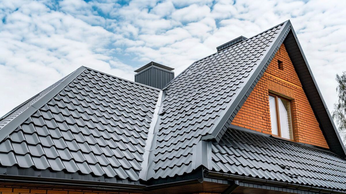 Gray tiled house roof with a dormer window and orange brick gable under a cloudy sky
