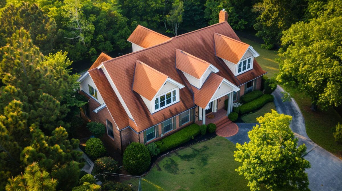 Aerial view of a red-roofed brick house surrounded by lush green trees and a curved driveway.