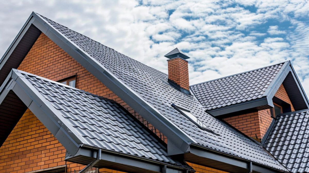 Red brick house roof with gray shingles and a chimney under a cloudy sky