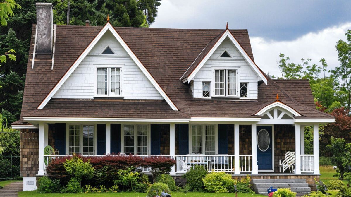White cottage-style house with brown roof, front porch, blue door, and lush green landscaping