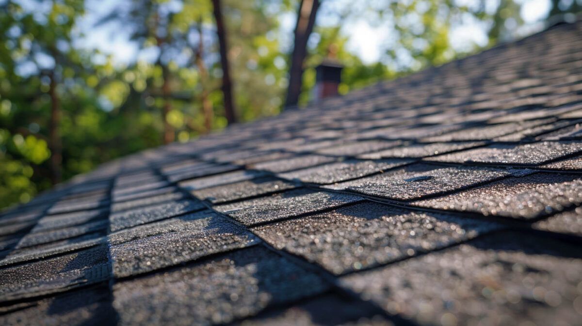 Close-up of a shingled roof with sunlight and tree shadows casting a diagonal pattern.