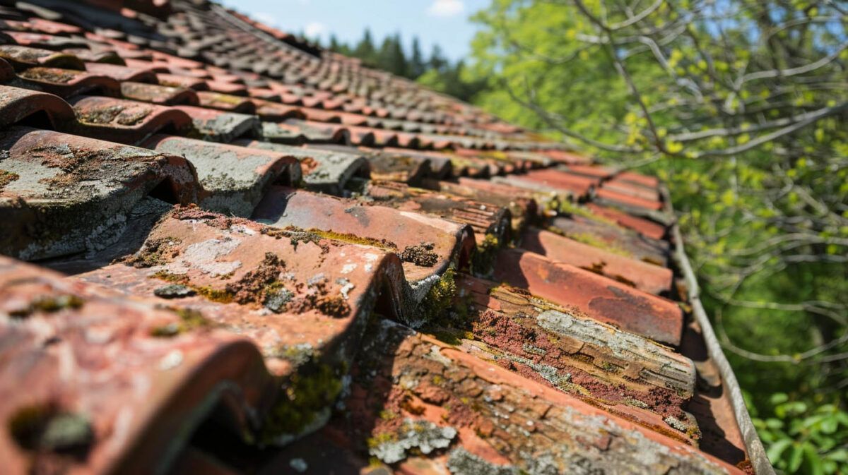 Close-up of weathered terracotta roof tiles with moss, seen along a sloping roof beside green trees.