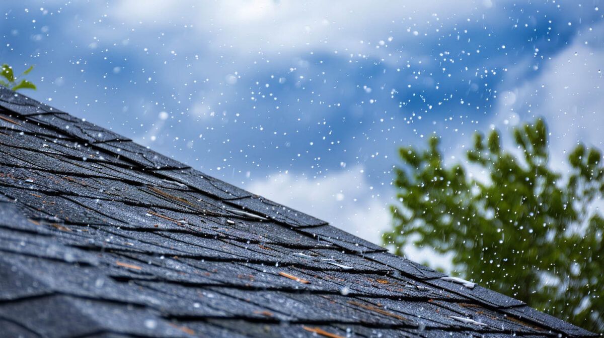 Snow falling over a dark shingled roof against a cloudy blue sky, with green trees in the background