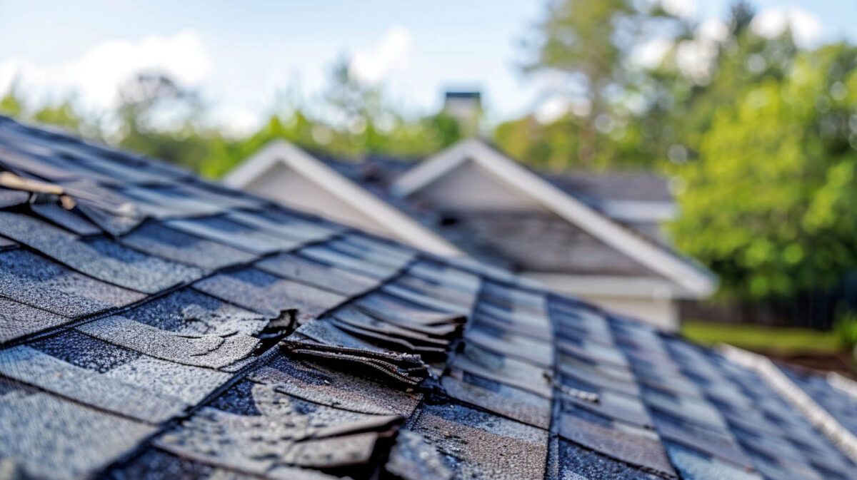 Damaged blue shingle roof with loose tiles, viewed close up against a blurred house and trees