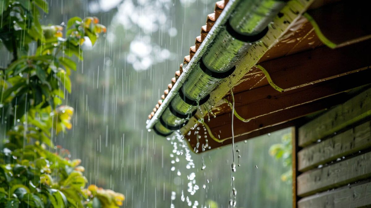 Rain falling from a house roof beside green trees in a lush garden