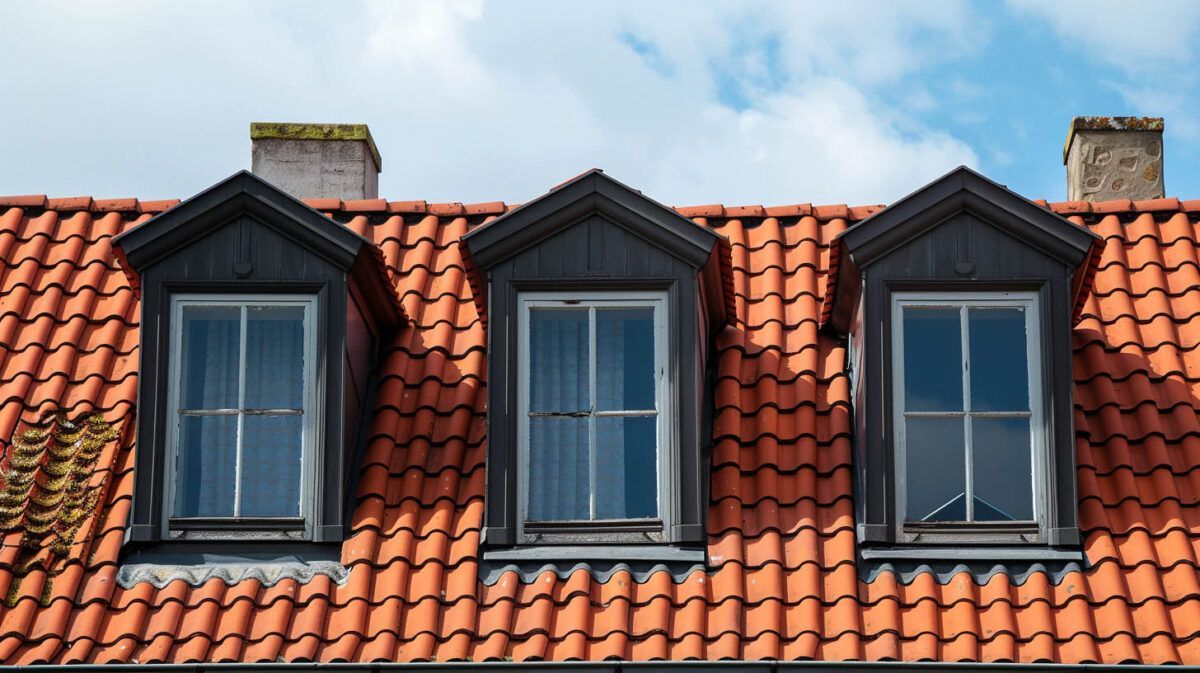 Roof with three blue dormer windows on red clay tiles against a clear sky