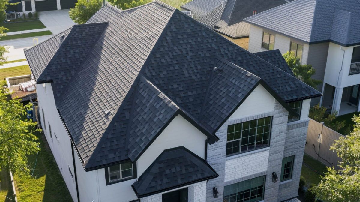 Aerial view of a white house with a dark gray roof in a suburban neighborhood