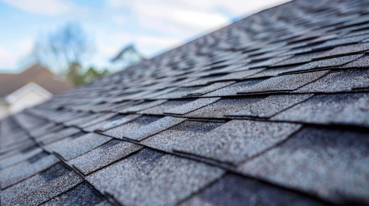 Close-up of gray asphalt roof shingles with a blue sky in the background