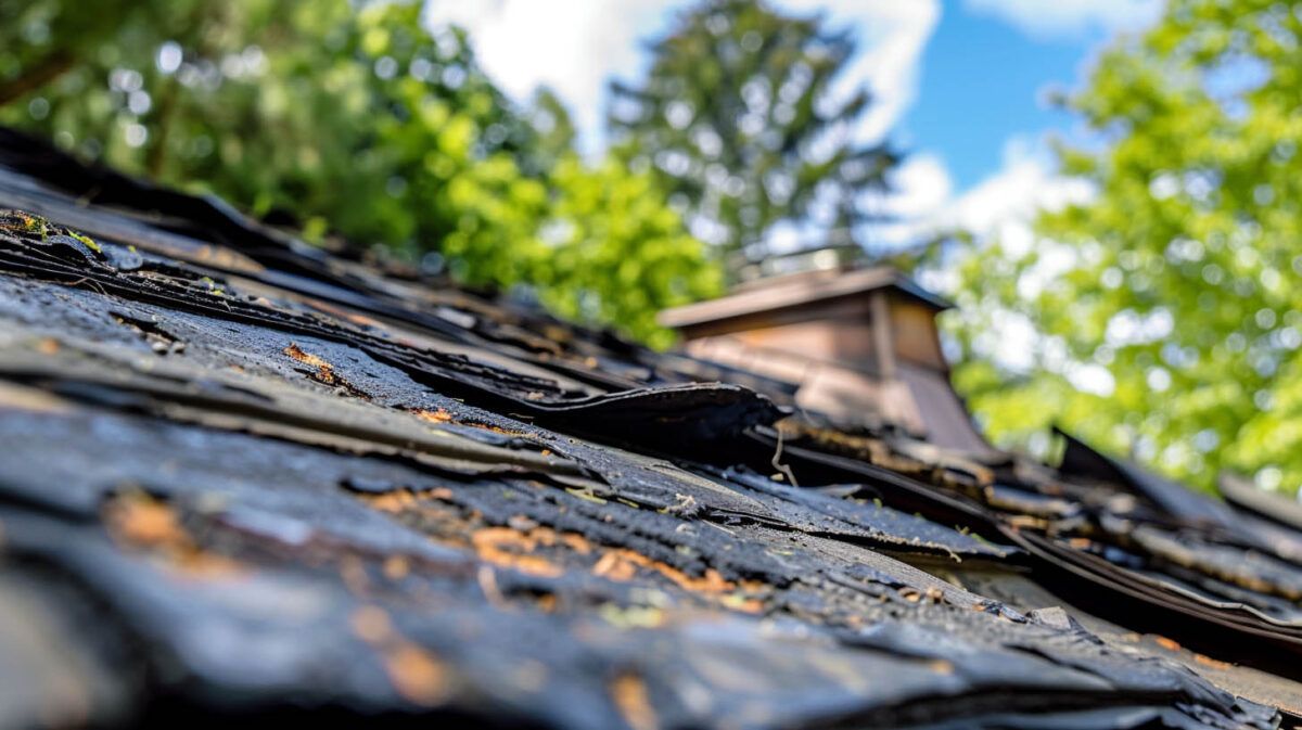 Close-up of a weathered shingle roof with a chimney and trees in the background under a blue sky
