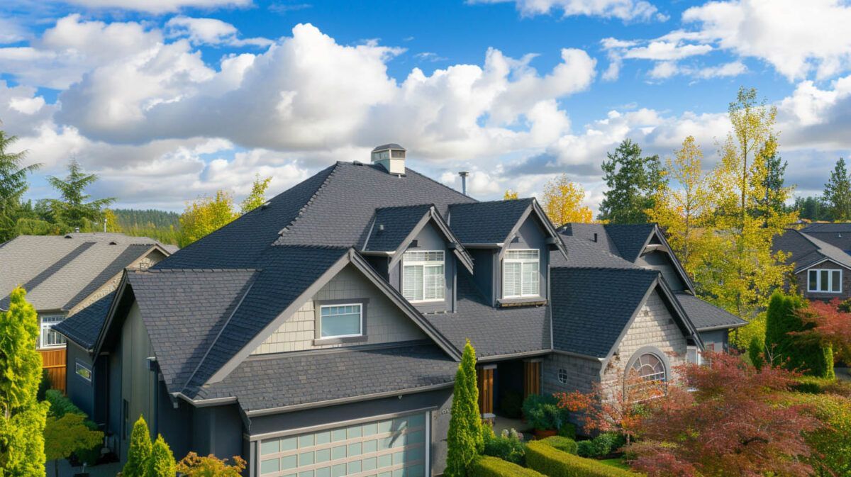 Suburban house with dark roof and dormer windows, surrounded by trees under a bright cloudy sky