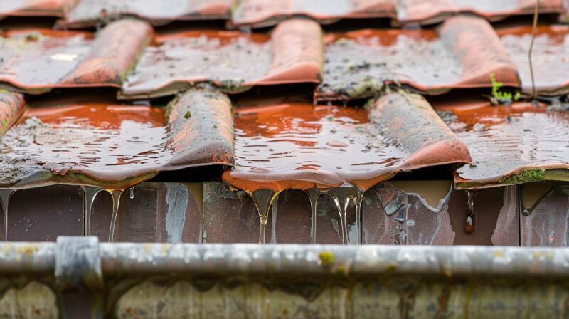 Rainwater dripping from red clay roof tiles into a gutter below.