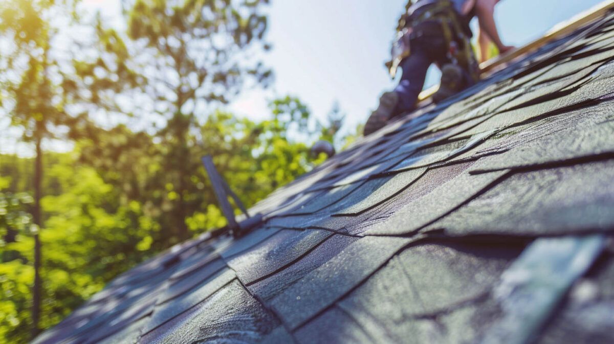 Close-up of a shingled roof with a worker at the top, framed by trees and blue sky.
