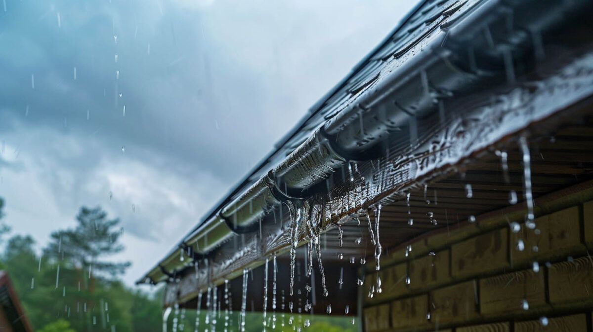 Rainwater dripping from a house roof gutter during a stormy day