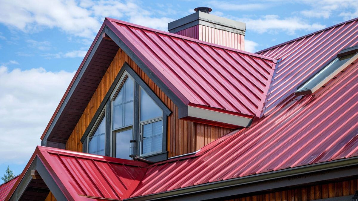 Red metal roof with dormer windows against a blue sky