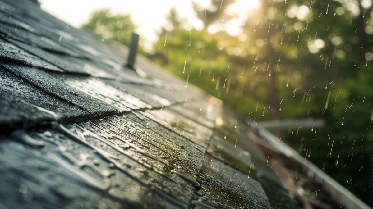 Rain falling on a dark gray shingled roof with blurred green trees in the background.