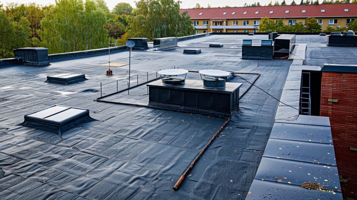 Flat rooftop with black roofing, vents, and HVAC units beside trees and a building in the distance