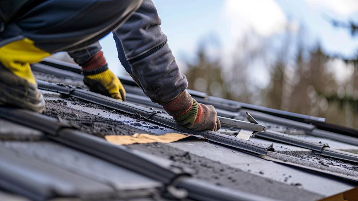 Worker installing roof shingles with gloved hands on a sloped rooftop