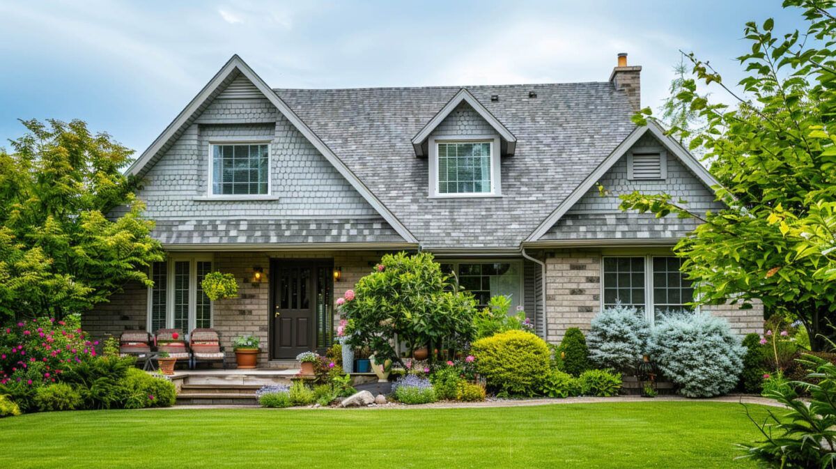 Charming gray house with dormer windows, front porch, lush green lawn, and colorful landscaping