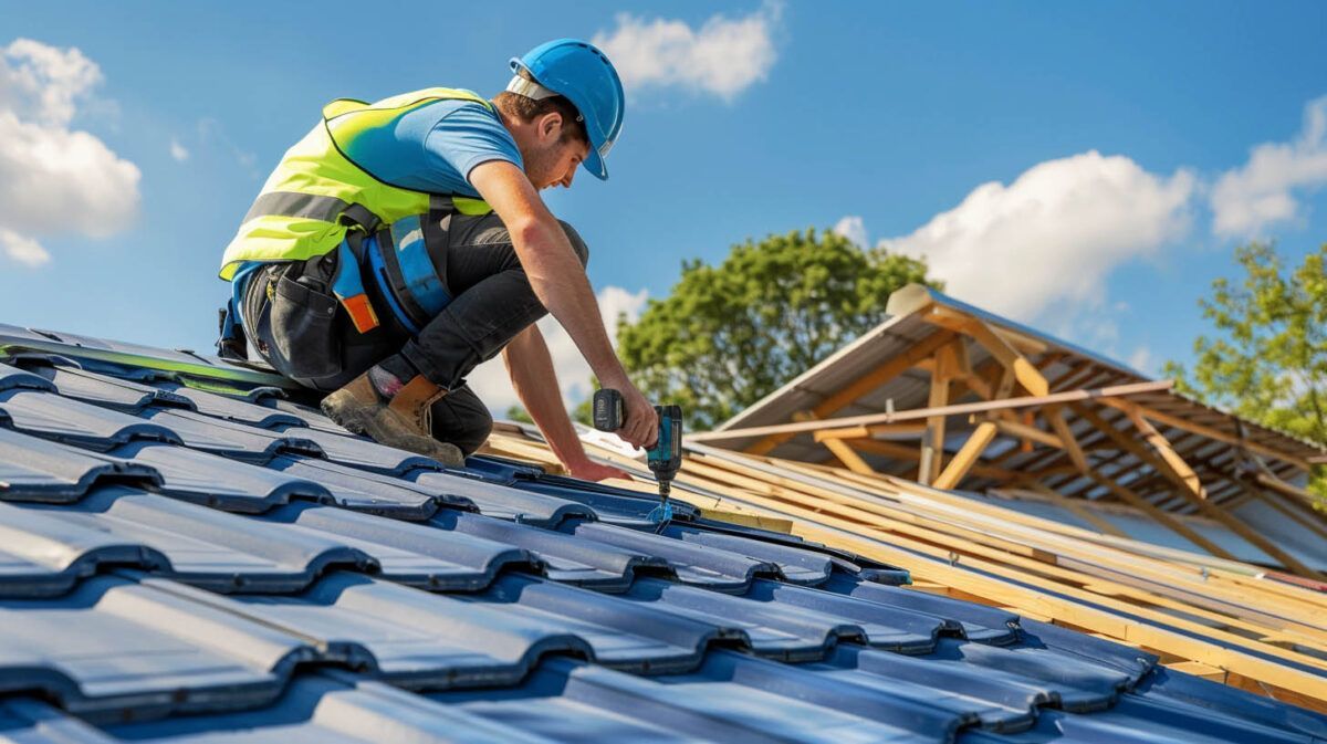 Worker in a blue hard hat repairs a blue roof beside a wooden frame under a bright sky.