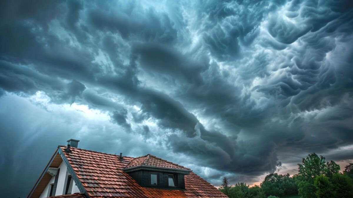 Dark storm clouds swirling over a tiled rooftop in a suburban neighborhood