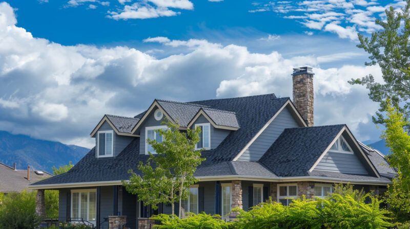 Large gray house with dark roof and stone chimney in a green mountain setting under a blue cloudy sky
