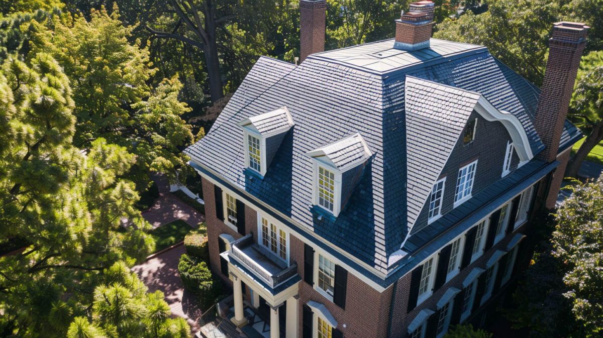 Aerial view of a large gray-roofed house surrounded by trees and greenery.