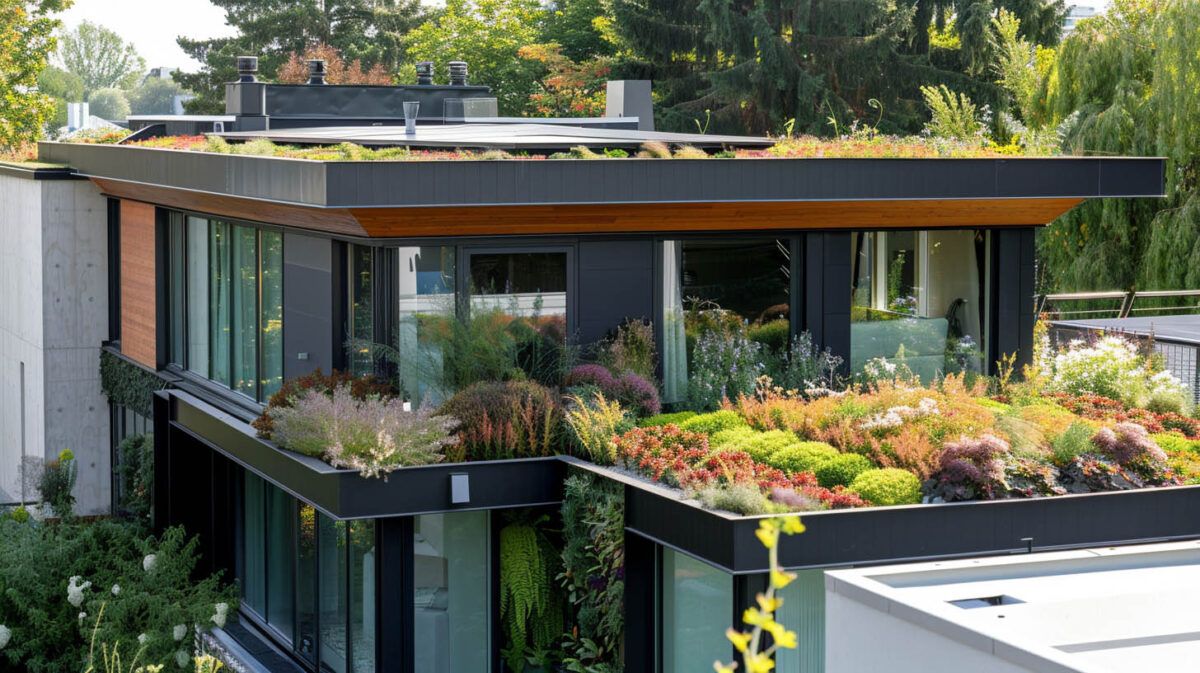 Modern house with rooftop garden, glass walls, and a flat wooden roof surrounded by trees