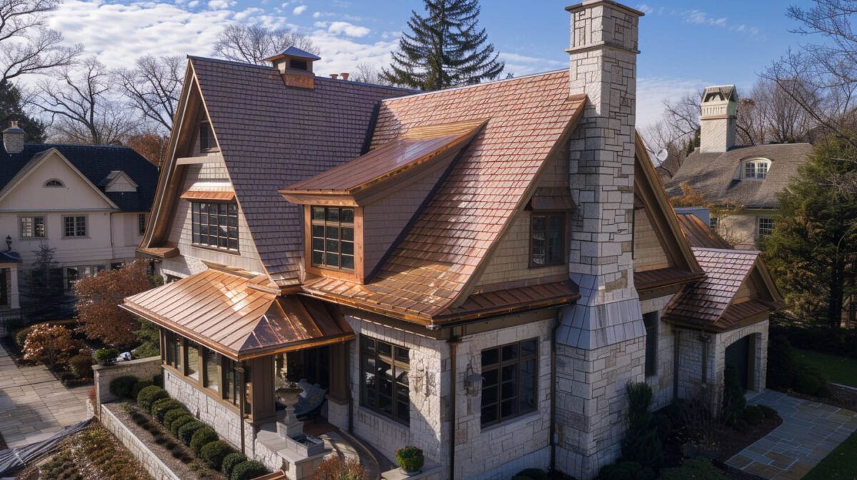 Stone cottage with steep shingled roof and chimney, seen from above amid trees and neighboring homes.