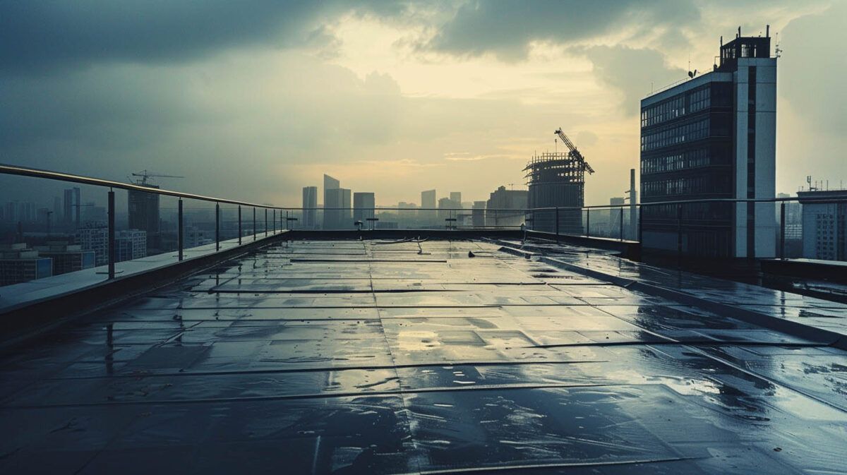 Wet rooftop with puddles overlooking a city skyline under a cloudy sky