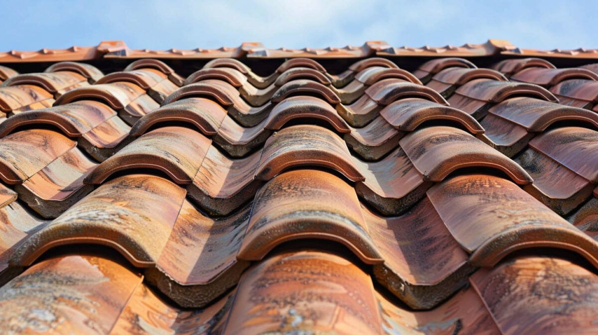 Close-up of curved terracotta roof tiles with weathered orange and brown tones.
