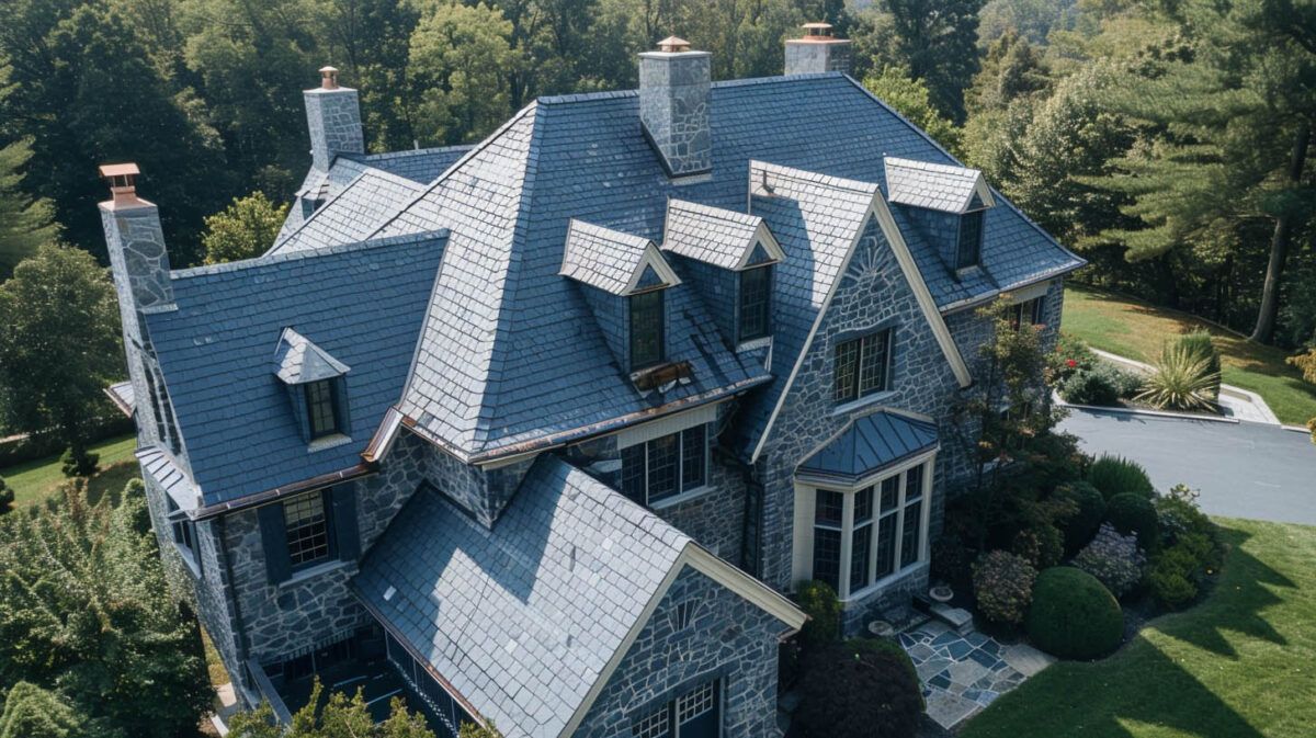 Large gray-blue shingled house with multiple gables and chimneys, viewed from above amid trees and lawn